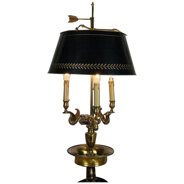 LAMPE BOUILLOTTE ANCIENNE EN BRONZE DORÉ A DECOR DE CYGNES / ABAT JOUR EN TÔLE