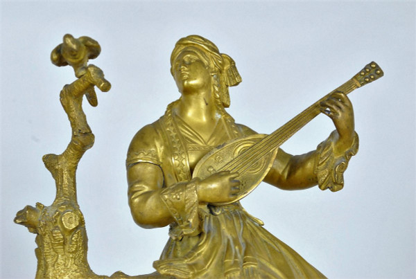 Gilt Bronze Clock, Greek With Lute, Restoration Period, 19th Century