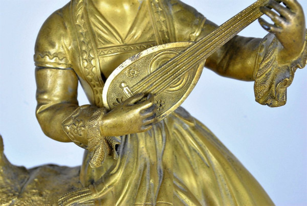 Gilt Bronze Clock, Greek With Lute, Restoration Period, 19th Century