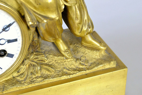 Gilt Bronze Clock, Greek With Lute, Restoration Period, 19th Century