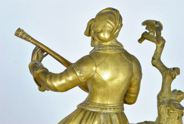 Gilt Bronze Clock, Greek With Lute, Restoration Period, 19th Century