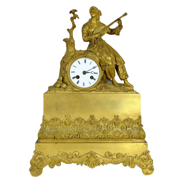 Gilt Bronze Clock, Greek With Lute, Restoration Period, 19th Century