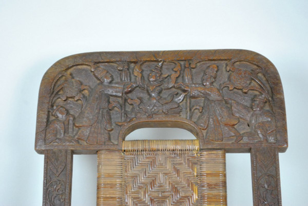 Sedia pieghevole in legno esotico intagliato e canna, Asia, Fine XIX/Inizio XX secolo