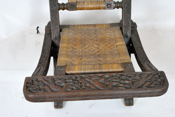 Folding Chair In Carved Exotic Wood And Canework, Asia, Late 19th/early 20th Century