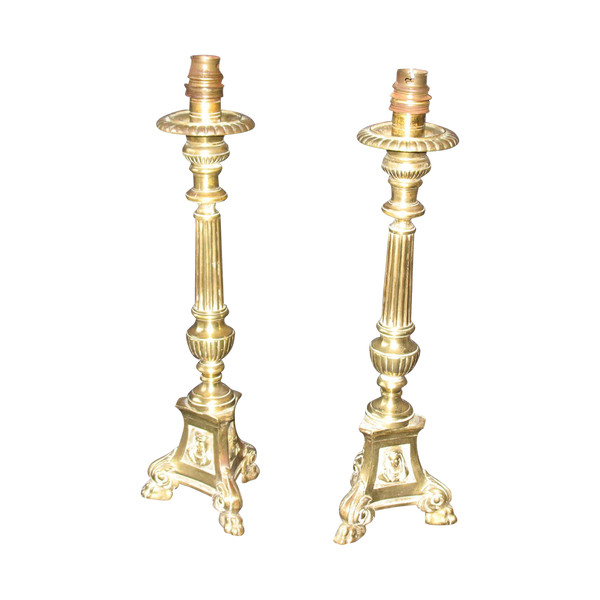 Pair of candlesticks mounted as bronze lamps from the early 20th century