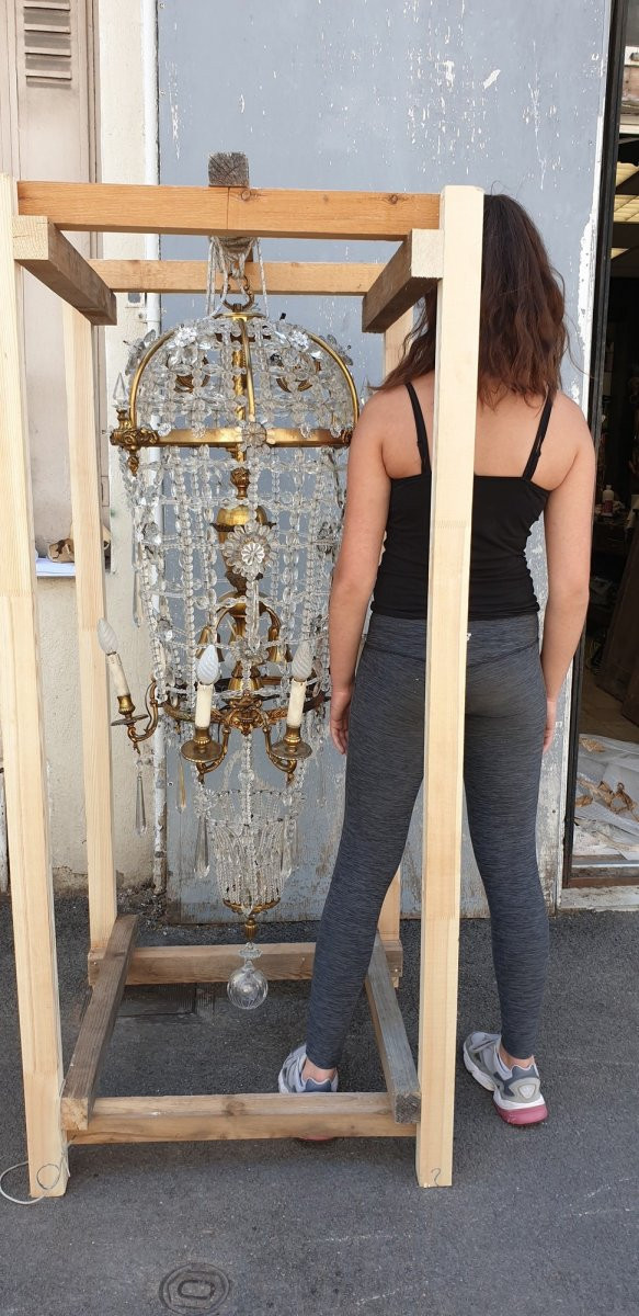 Large chandelier in the shape of a hot air balloon in bronze and crystal, 20th century