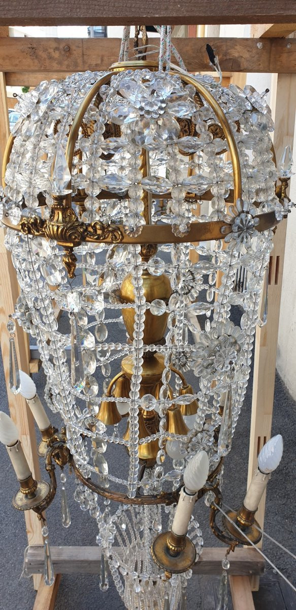 Large chandelier in the shape of a hot air balloon in bronze and crystal, 20th century