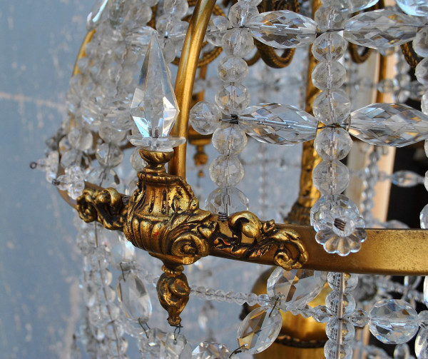 Large chandelier in the shape of a hot air balloon in bronze and crystal, 20th century
