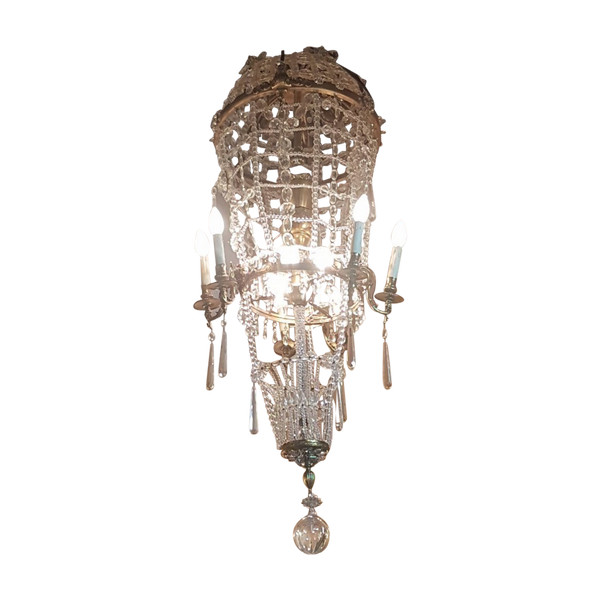 Large chandelier in the shape of a hot air balloon in bronze and crystal, 20th century