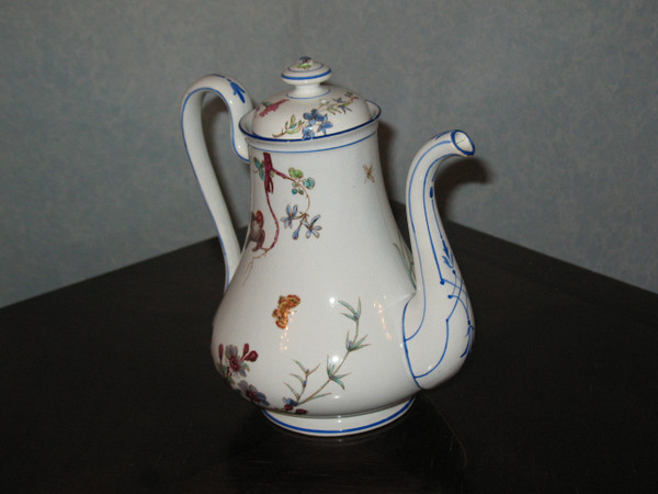 Coffee pot in fine Bordeaux earthenware, Nella decor with bird and flowers, Jules Vieillard period