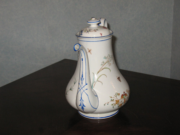 Coffee pot in fine Bordeaux earthenware, Nella decor with bird and flowers, Jules Vieillard period