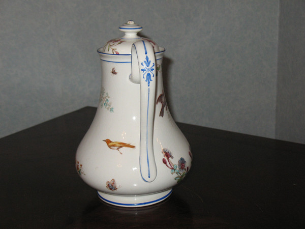 Coffee pot in fine Bordeaux earthenware, Nella decor with bird and flowers, Jules Vieillard period