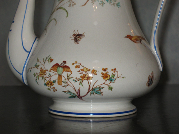 Coffee pot in fine Bordeaux earthenware, Nella decor with bird and flowers, Jules Vieillard period