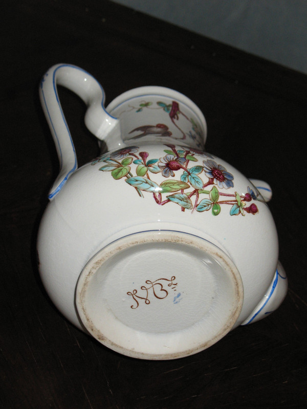 Coffee pot in fine Bordeaux earthenware, Nella decor with bird and flowers, Jules Vieillard period