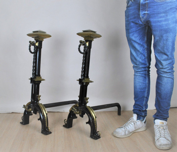 Paire De Chenets En Bronze Et Fer, Style Gothique, XIXème Siècle