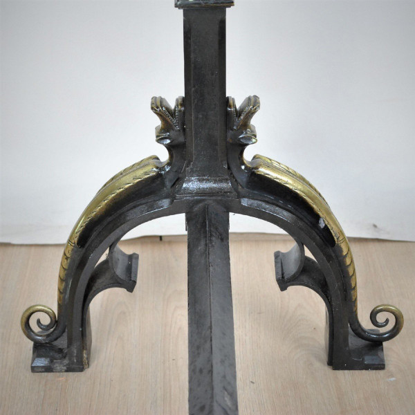 Paire De Chenets En Bronze Et Fer, Style Gothique, XIXème Siècle