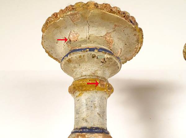 Paire grands pique-cierges bois sculpté polychrome bougeoirs XVIè XVIIème