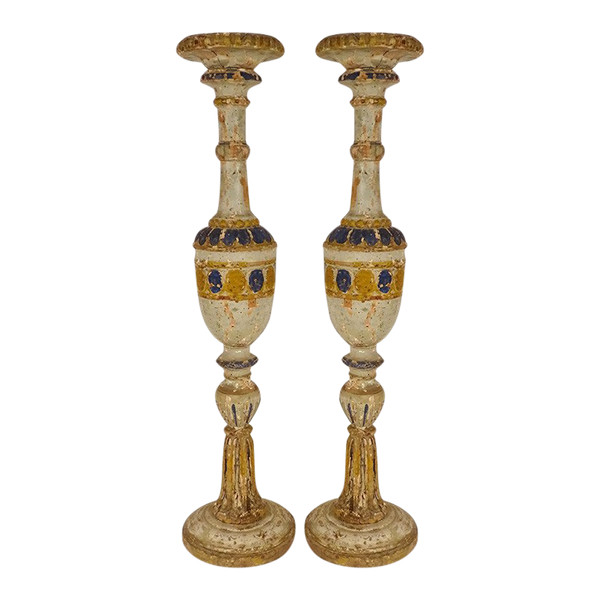 Paire grands pique-cierges bois sculpté polychrome bougeoirs XVIè XVIIème
