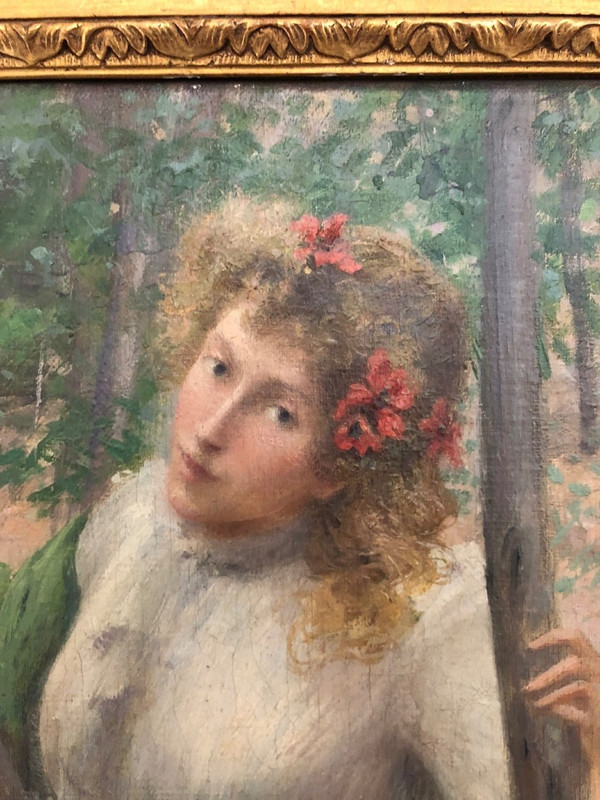 William Lee (1810-1865) Olio su tela - Donna dai capelli biondi con papaveri