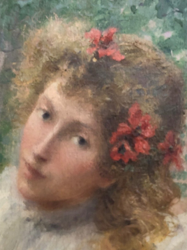William Lee (1810-1865) Olio su tela - Donna dai capelli biondi con papaveri