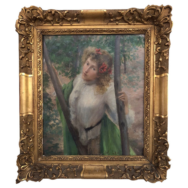 William Lee (1810-1865) Olio su tela - Donna dai capelli biondi con papaveri