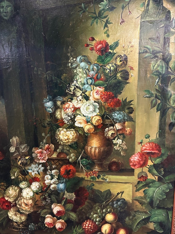 F Angelo – Bedeutendes Stillleben mit Blumen und Früchten, 19. Jahrhundert, H 131 cm