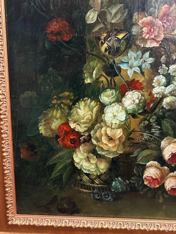 F Angelo – Bedeutendes Stillleben mit Blumen und Früchten, 19. Jahrhundert, H 131 cm