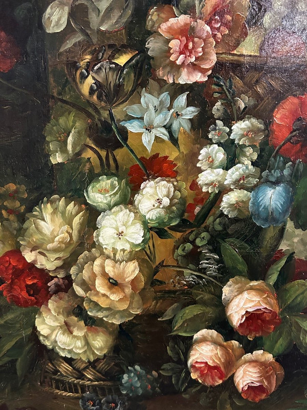 F Angelo – Bedeutendes Stillleben mit Blumen und Früchten, 19. Jahrhundert, H 131 cm