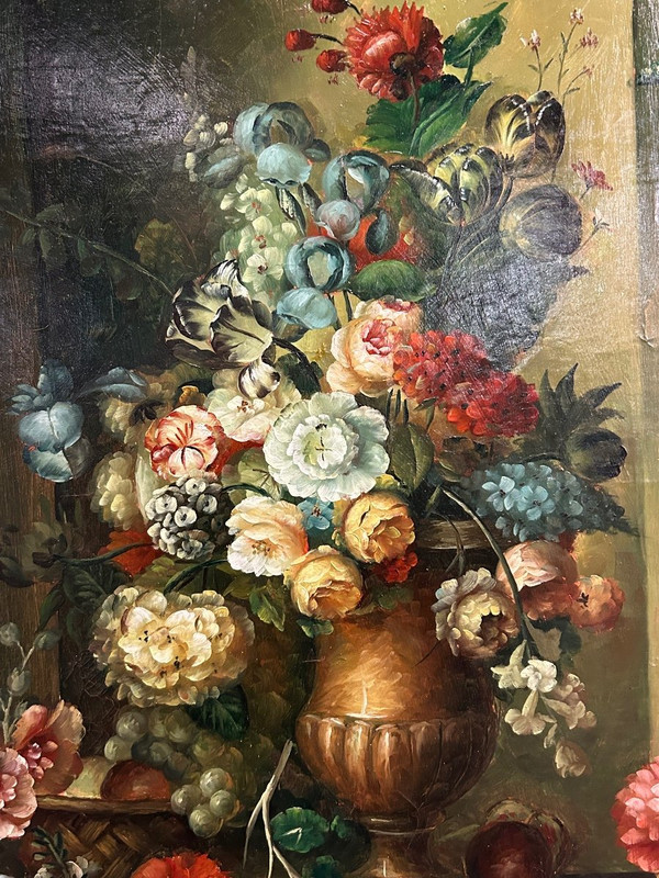 F Angelo – Bedeutendes Stillleben mit Blumen und Früchten, 19. Jahrhundert, H 131 cm
