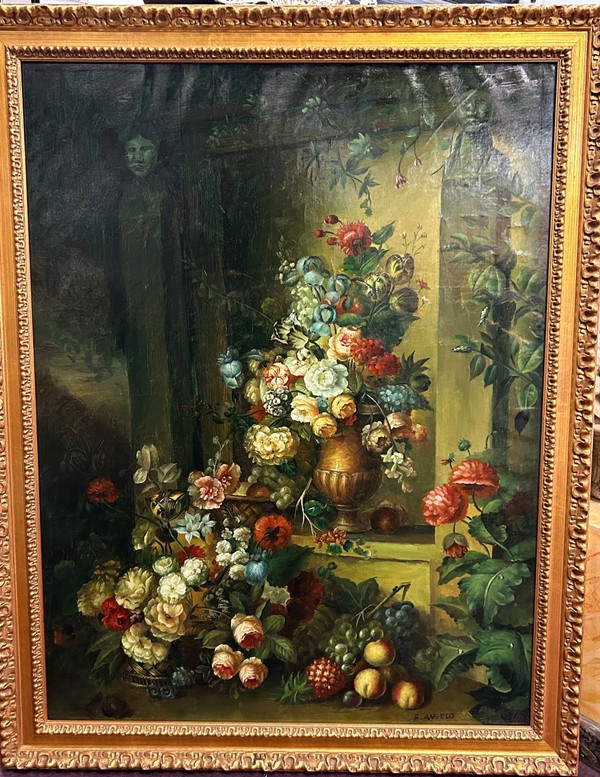 F Angelo – Bedeutendes Stillleben mit Blumen und Früchten, 19. Jahrhundert, H 131 cm