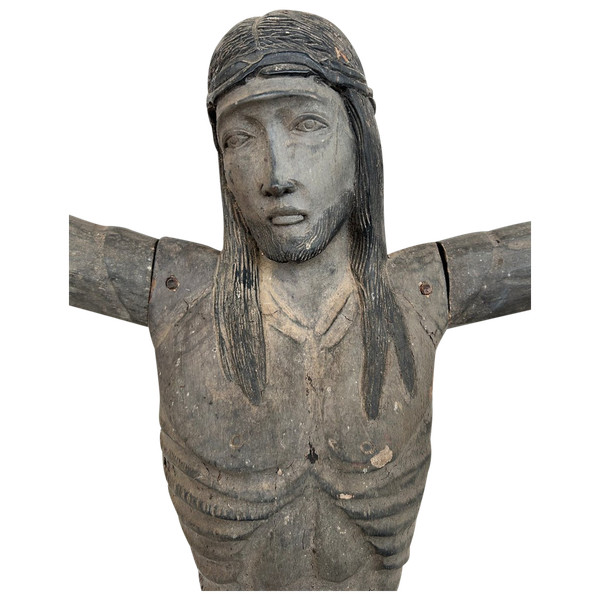 Grand Christ En Bois Sculpté - Amérique Du Sud Vers 1940-50  H 134 Cm