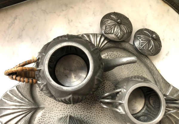 Old ART DECO pewter coffee - tea service signed Alice and Eugène CHANAL