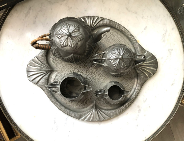 Old ART DECO pewter coffee - tea service signed Alice and Eugène CHANAL