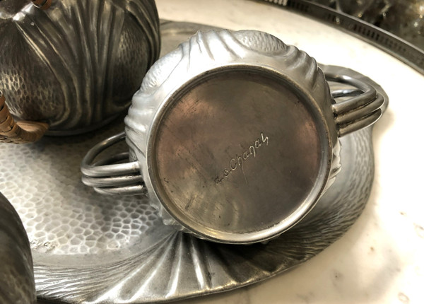 Old ART DECO pewter coffee - tea service signed Alice and Eugène CHANAL