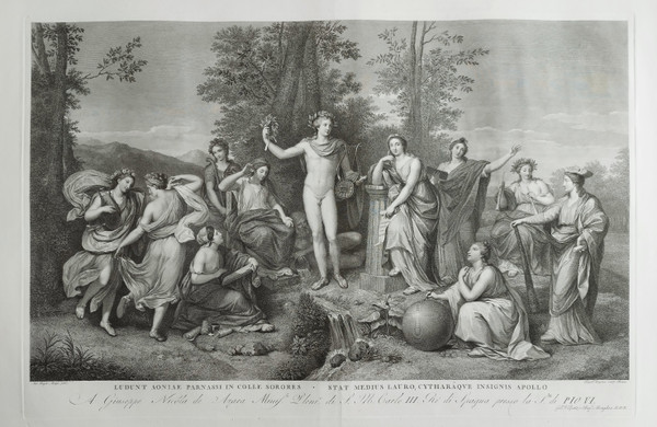 Incisione mitologica Apollo e le Muse sul Parnaso XIX secolo