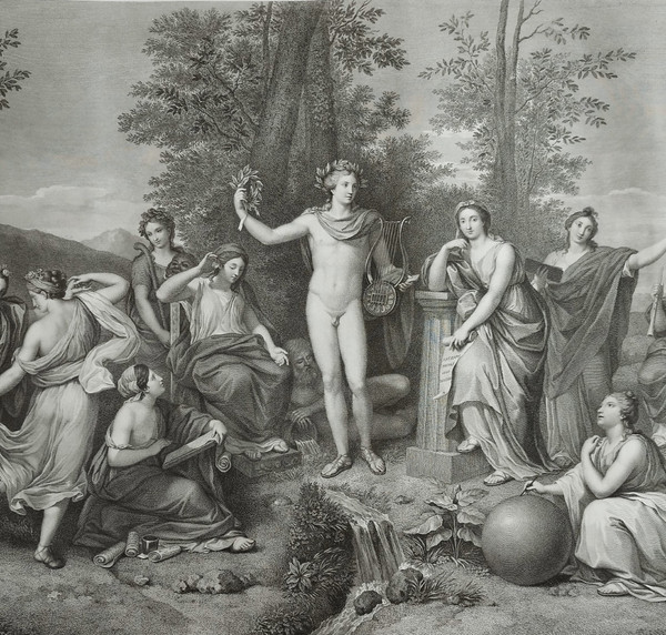 Incisione mitologica Apollo e le Muse sul Parnaso XIX secolo
