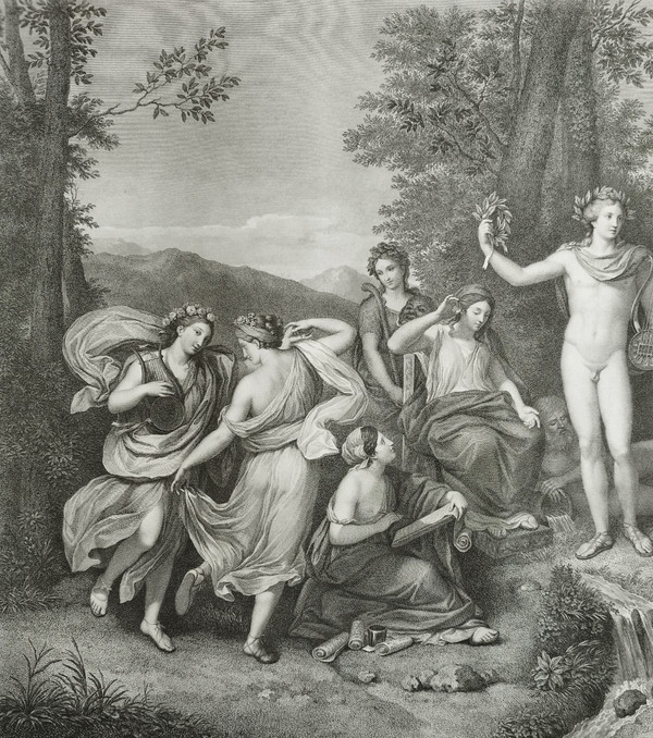 Incisione mitologica Apollo e le Muse sul Parnaso XIX secolo
