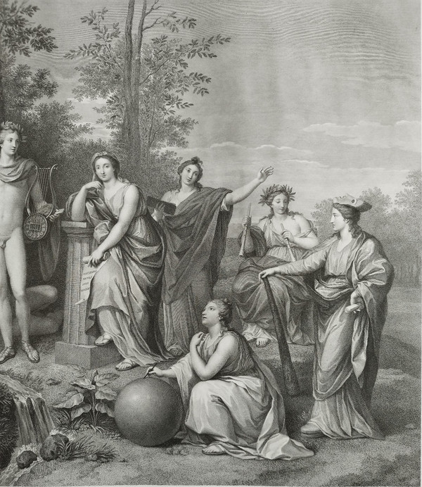 Incisione mitologica Apollo e le Muse sul Parnaso XIX secolo