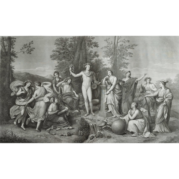 Etching Mythological Engraving Apollo And The Muses On Parnassus 19th C Old Print