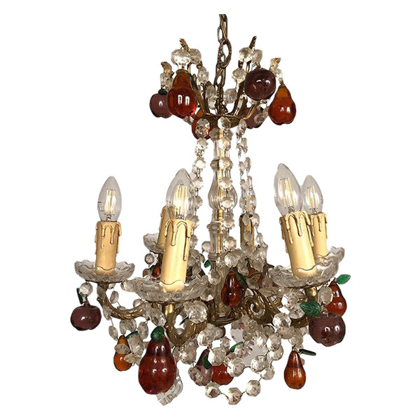 Lustre en bronze doré, pendeloques cristal et pampilles de verre coloré en forme de fruits, fin XIXe