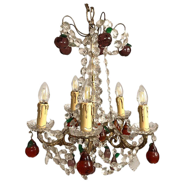 Lustre en bronze doré, pendeloques cristal et pampilles de verre coloré en forme de fruits, fin XIXe