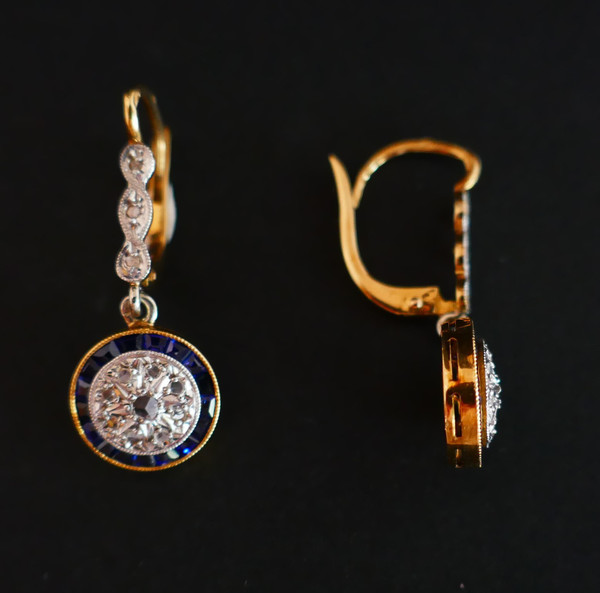 Art Deco Calibrated Diamonds And Sapphires Earrings.