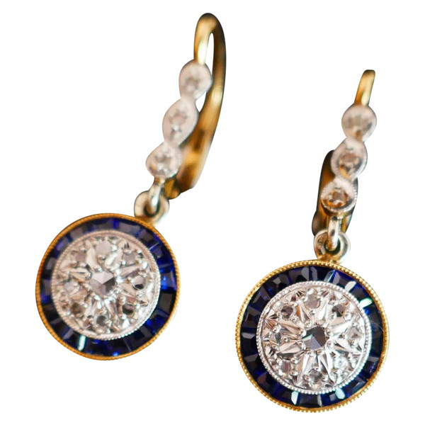 Art Deco Calibrated Diamonds And Sapphires Earrings.