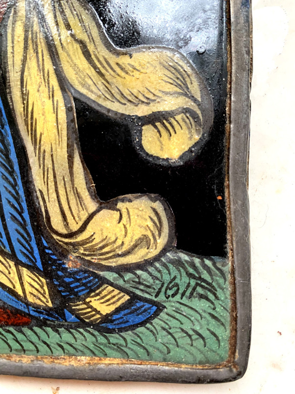 Small stained glass window from 1621 representing a woman dressed in her finery offering a present (early 17th century)