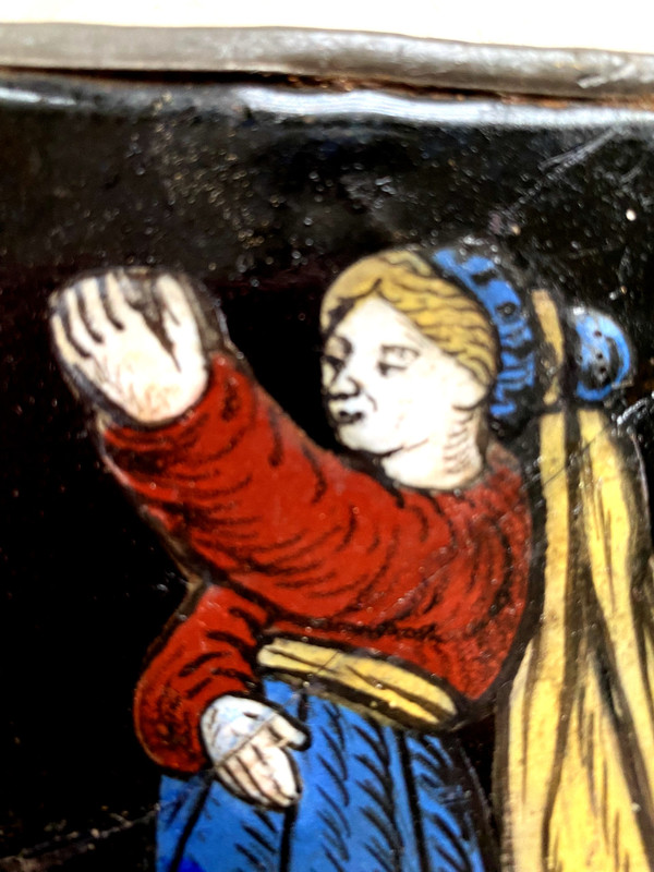 Small stained glass window from 1621 representing a woman dressed in her finery offering a present (early 17th century)