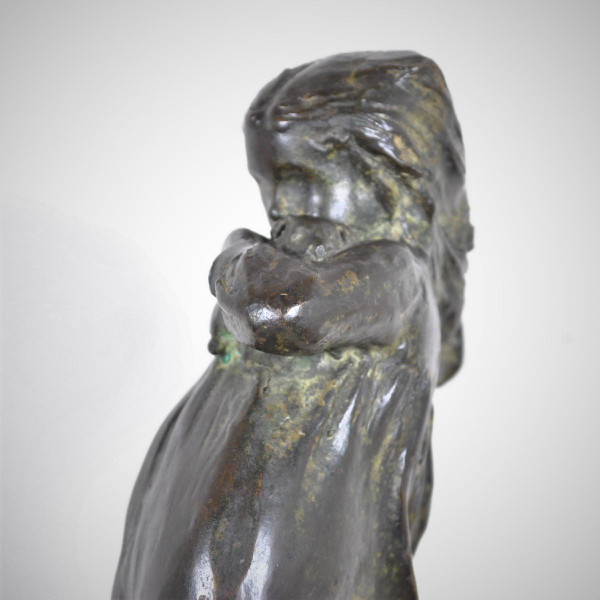 Robin Shippard, Bambina con cucciolo, firmato in bronzo e datato 1901