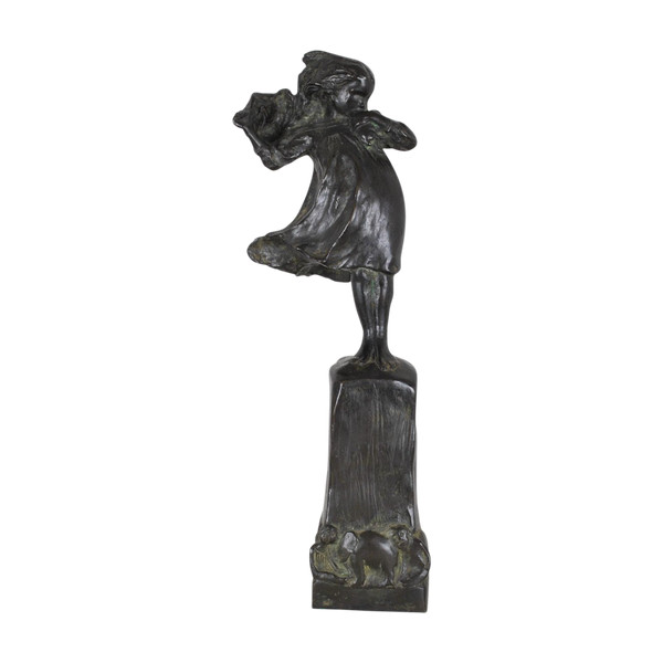 Robin Shippard, Bambina con cucciolo, firmato in bronzo e datato 1901