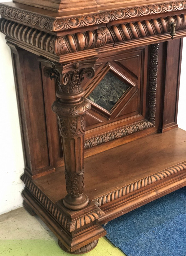 Crédence- buffet- cabinet  Néo- Renaissance En Noyer incrusté  De Marbre époque XIXéme