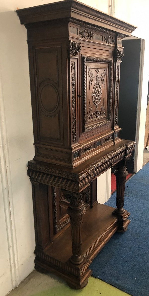 Crédence- buffet- cabinet  Néo- Renaissance En Noyer incrusté  De Marbre époque XIXéme