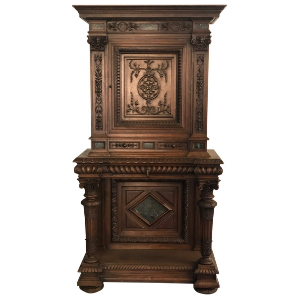 Crédence- buffet- cabinet  Néo- Renaissance En Noyer incrusté  De Marbre époque XIXéme